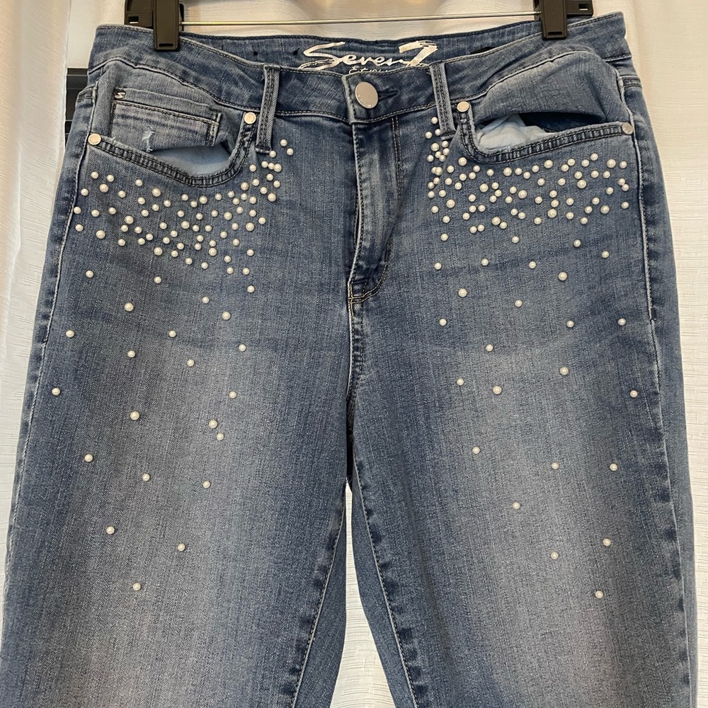 Seven7 High Rise Blue Jeans with Pearl Details